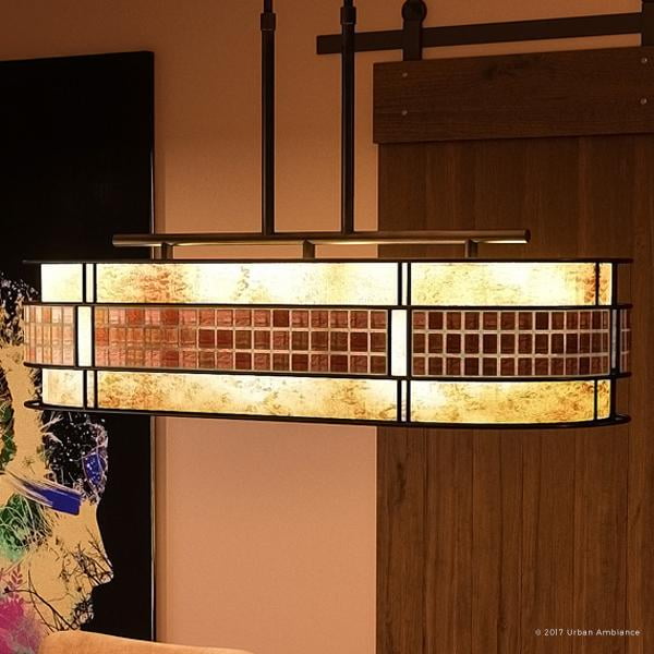 Luxury Art Deco Linear Chandelier Large Size: 21H x 37W Copper Revival Finish and Oyster Mica Inner Shade with Moroccan Style Elements UQL2432 by Urban Ambiance Mosaic Tile Outer Shade Luxury Art Deco Linear Chandelier Large Size: 21H x 37W Copper Revival Finish and Oyster Mica Inner Shade with Moroccan Style Elements UQL2432 by Urban Ambiance Mosaic Tile Outer Shade